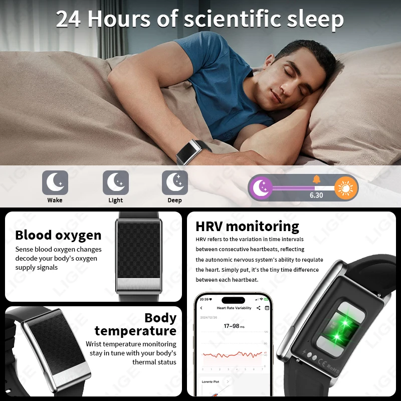 LIGE Nursing Grade ECG+PPG Smart Bracelet Blood Fat Uric Acid Blood Pressure Body Temperature Men Women Health Sports Watches