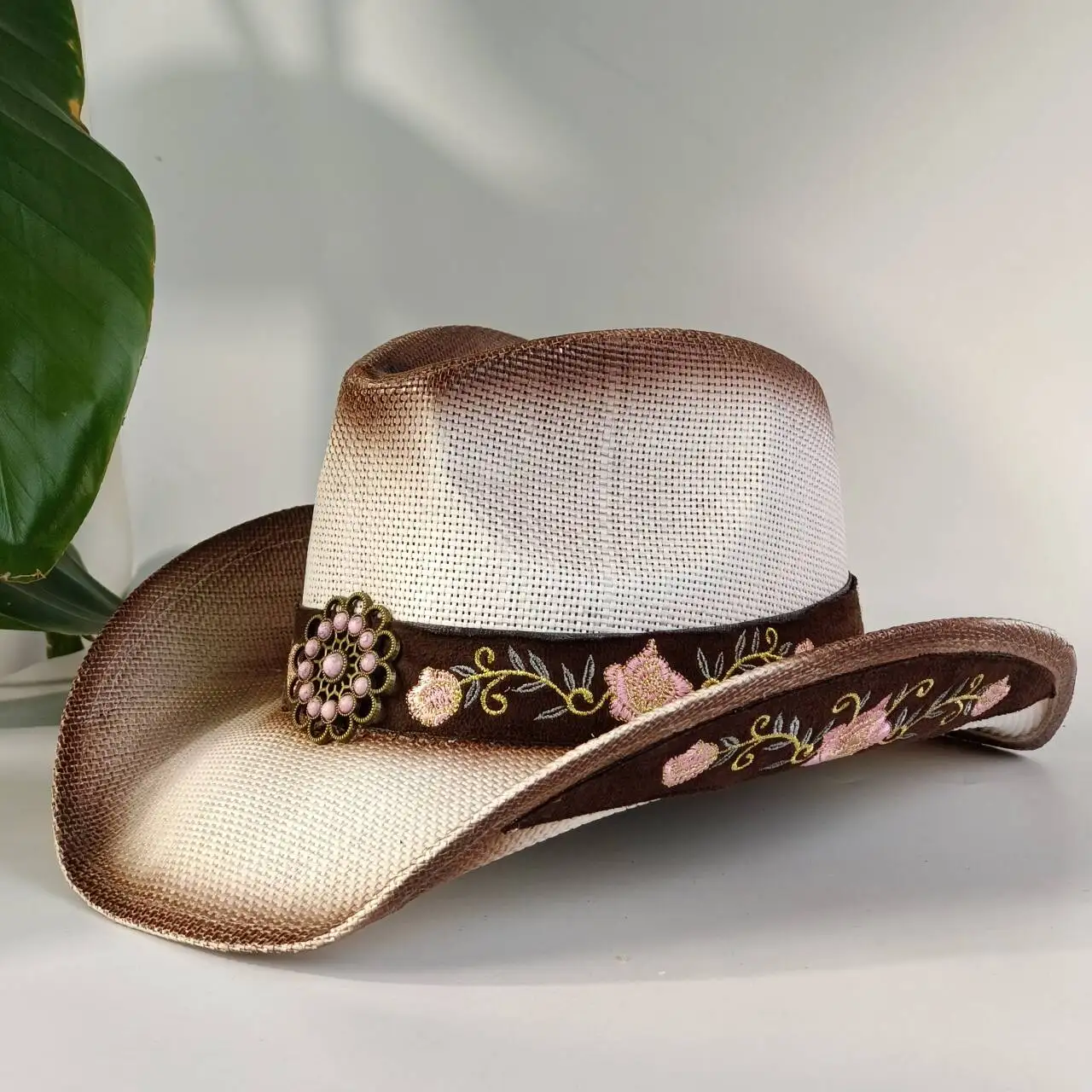 Western-Cowboy-Strohhut mit Stickerei und Accessoires, Unisex, geeignet für Rodeo-Auftritte und Cowgirl-Kleidung, Gorro Cowboy – Detail 11