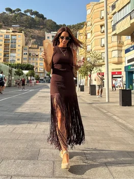 Elegante Abito Senza Maniche con Frange, Vestito Sexy da Donna con Spalle Scoperte e Vita Alta, Abito Aderente Midi 2026, Vestito da Festa per Signore, Nuovo