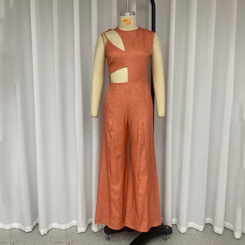 LIYONG Women Jumpsuit Summer Chic One Shoulder Sling Sleeveless Hollow Bare Waist Solid Color Wide Legs Romper High Streetwear