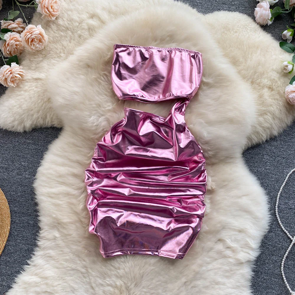 

Fashion Pure Desire Sexy Strapless Sleeveless Dress Nightclub Women's Waist Hollow Out Dress Mini Short Purple Tubo Dress Club