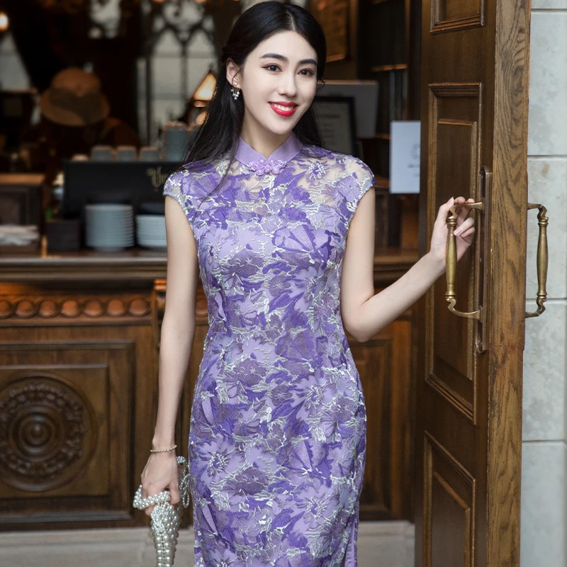 

Женская одежда в китайском стиле Simeizi HANFU, лето 2023, фиолетовое Повседневное платье с ручной вышивкой, улучшенный Чонсам для женщин