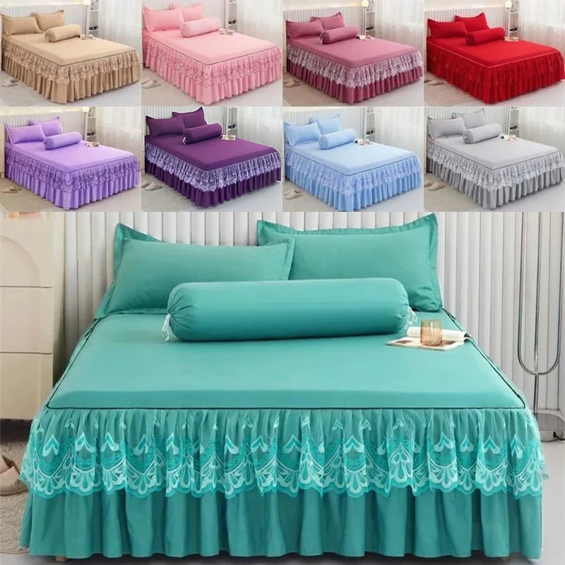

3Pcs Bed Sheet Lace Skirt Elastic Fitted Double Bedspread with Pillowcases Mattress Cover Bedding Set Elastic King Size Bedsheet