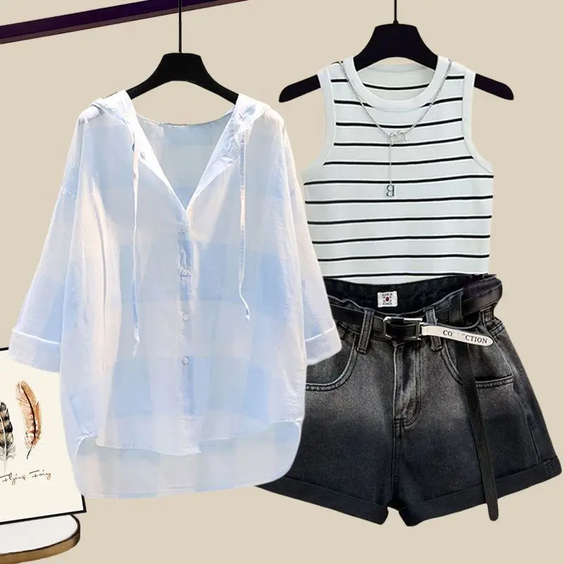 Large Women's Spring/Summer Versatile 2024 New Sunscreen Shirt Slimming Tank Top Denim Shorts Three piece Set