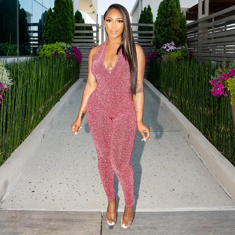 

Европейский и американский сексуальный Яркий шелковый Облегающий комбинезон без рукавов с V-образным вырезом и высокой талией, модный клубный сексуальный женский комбинезон