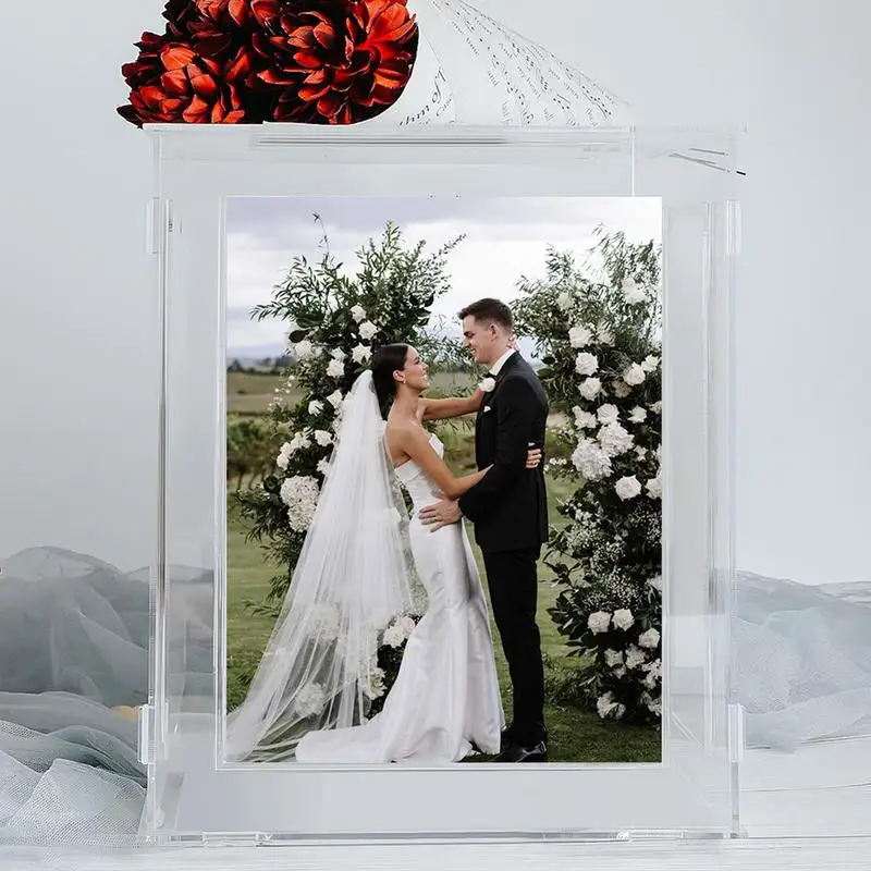 Acrylic Wedding Card Box Rotatable Picture Frame Holder Clear Envelope Letter Money Wishing Well Box For Bridal Toddler Shower