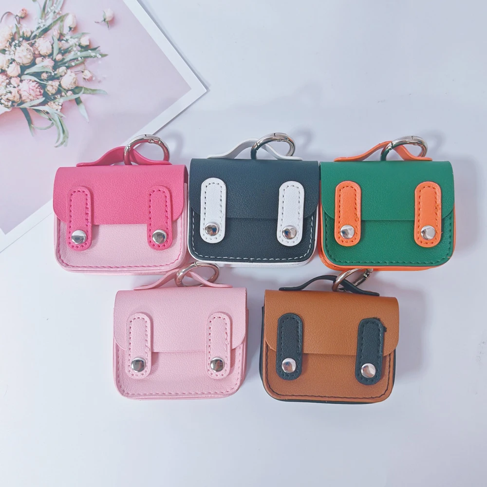 Mini Backpack Coin Purse Keychain Patchwork Color PU Leather Bluetooth Headset Bag School Bag Shape Wallet Earphone Storage Bag