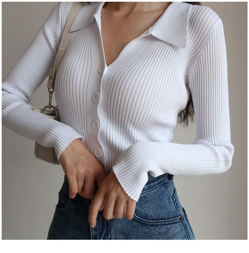 Women 2022 New Lapel Slim Slimming Tops Ladies Hollow Buttons Sexy V Neck Long Sleeve POLO Neck Knit Cardigan Sweater Women short sleeve cardigan