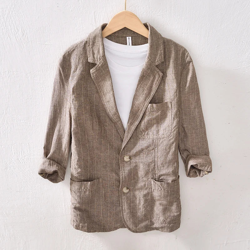 

White Casual Blazer Men Striped Suits Jackets Autumn New Cotton Linen Plus Size Breathable Turn-down Collar Outerwear