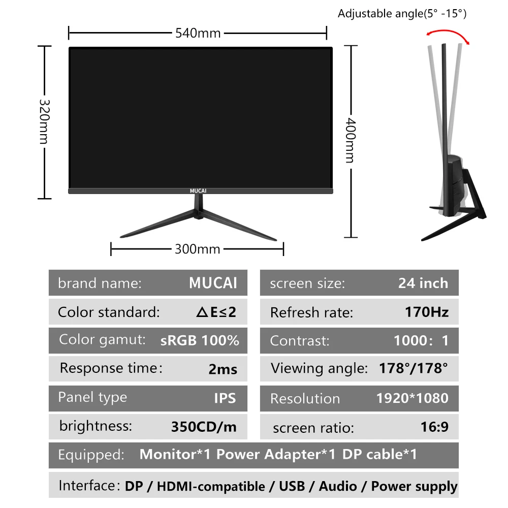 MUCAI 24 ġ , 144Hz LCD ÷, PC IPS FHD ũž ̸ ǻ, 170Hz ũ,  г, HDMI ȣȯ, DP, 1920*1080