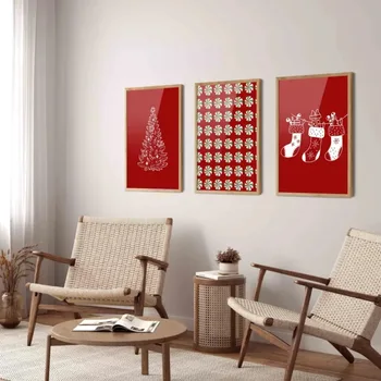 Red Christmas Frameless Canvas Wall Art Prints Set of 3 - Christmas Poster, Christmas Wall Decor, New Year Decoration