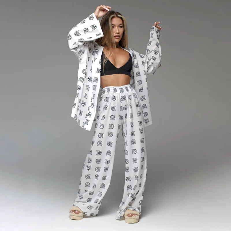 Casual Lace up Long Sleeve Pajamas High Waist Trousers Suit Home Wear New Loose Women's Printed WearWlj