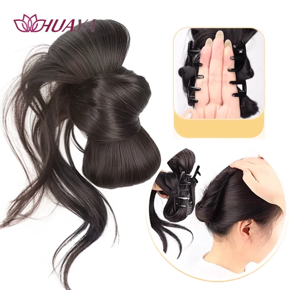 Synthetic Hair Bun Chignons Claw Clip Ponytail Hair Extensions Bow Lazy Style Dragon Beard Bun Hairpiece for Women Daily Wear