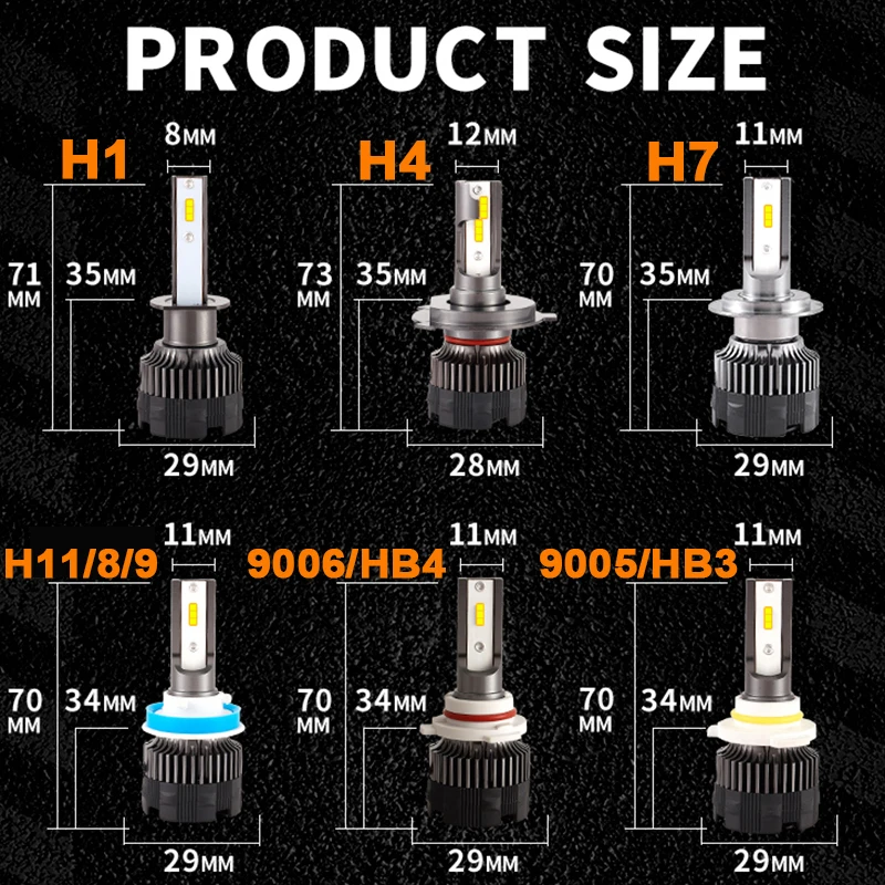 LED Car Headlights H7 H4 H1 H3 H11 H8 H9 9005 9006 HB3 HB4 4500K 6000K 8000K PTF Ice Bulbs Turbo Fog Light 12V 24V