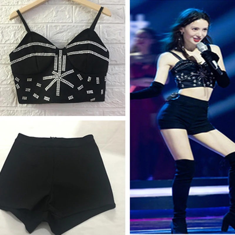 

Women Black Stretch Tight Diamond Suspenders High Waist Shorts Outfits Sexy Jazz Pole Dance Group Costume Singer Stage Clothes