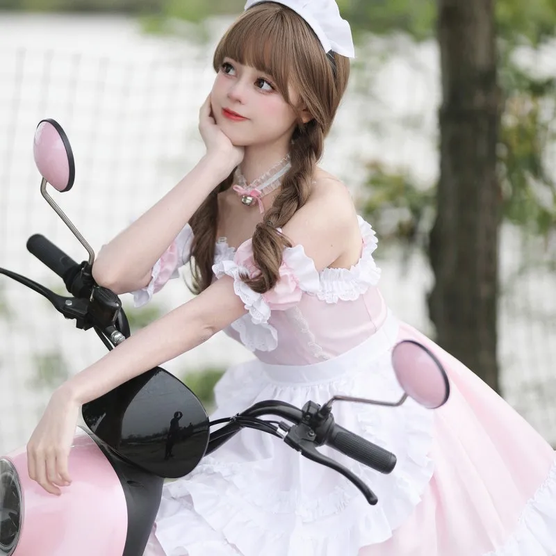 

Summer Spring S-5XL Young Woman Sling Sexy Maid Dress Short Length Sweet Pink Lolita Skirt Thin Halloween Anime Cosplay Costume