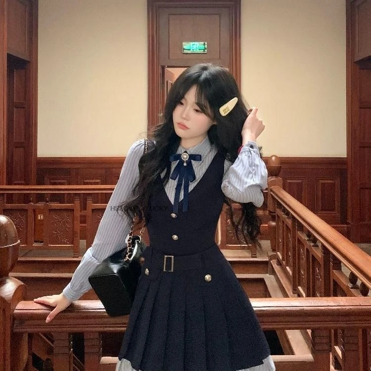 일본식 달콤한 Jk 유니폼 모조 투피스 주름 드레스와 블레이저 프레피 스타일 세트 봄용 한국 스타일 Jk 유니폼