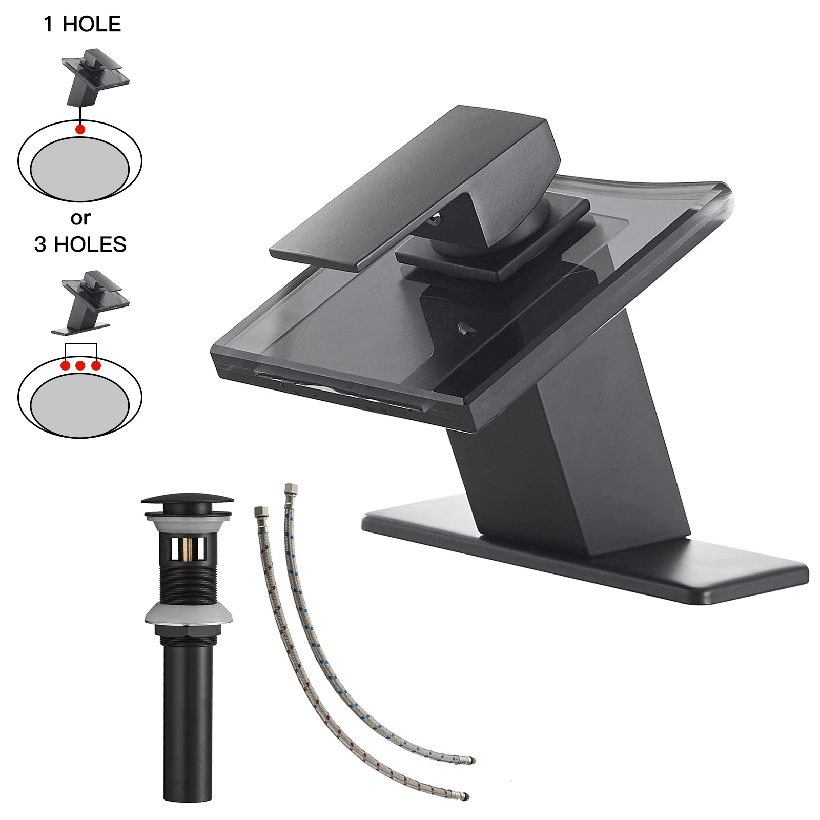 

Bathroom Glass Waterfall Faucet Bathroom Basin Faucet Black Painting Hot And Cold Mixer Tap Sink Water Tap With Pop Up Drain