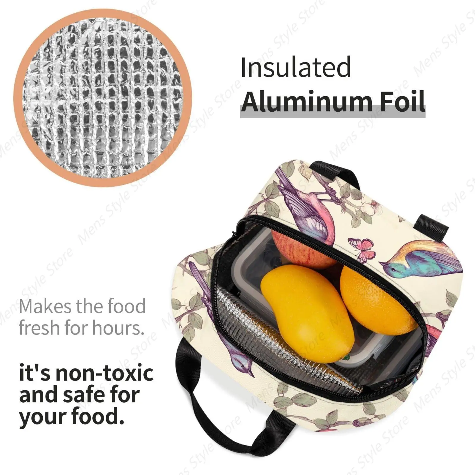 Lunch Bag Insulated Lunch Box for Women Men Reusable Cooler Bag Birds on Branches and Butterflies Tote for Work Picnic