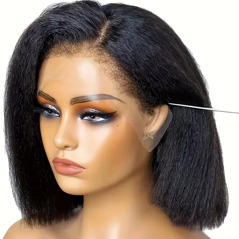 250% Density Short Bob 13x4 HD Lace Front Human Hair Wigs Women Peruvian Kinky Straight Glueless Lace Frontal Wigs Coarse Yaki 1