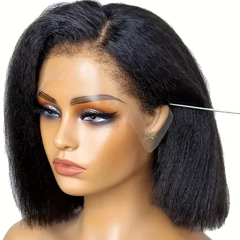 250% Density Short Bob 13x4 HD Lace Front Human Hair Wigs Women Peruvian Kinky Straight Glueless Lace Frontal Wigs Coarse Yaki 1