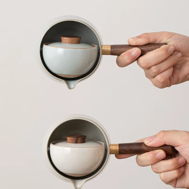 Ru Kiln Leisurely Portable Travel Tea Set Kit 360 Rotation Tea Maker Automatic 1 Pot 3 Cups Camping Picnic Tote Bag Drinkware