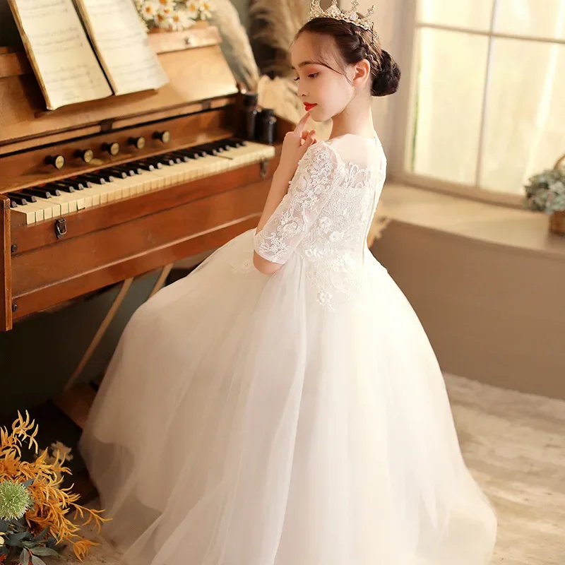 

Teenager Formal White Pink Blue Elegant Bridesmaid Wedding Baby Girls Princess Dresses Lace Kids Clothes Piano Show Dance Dress