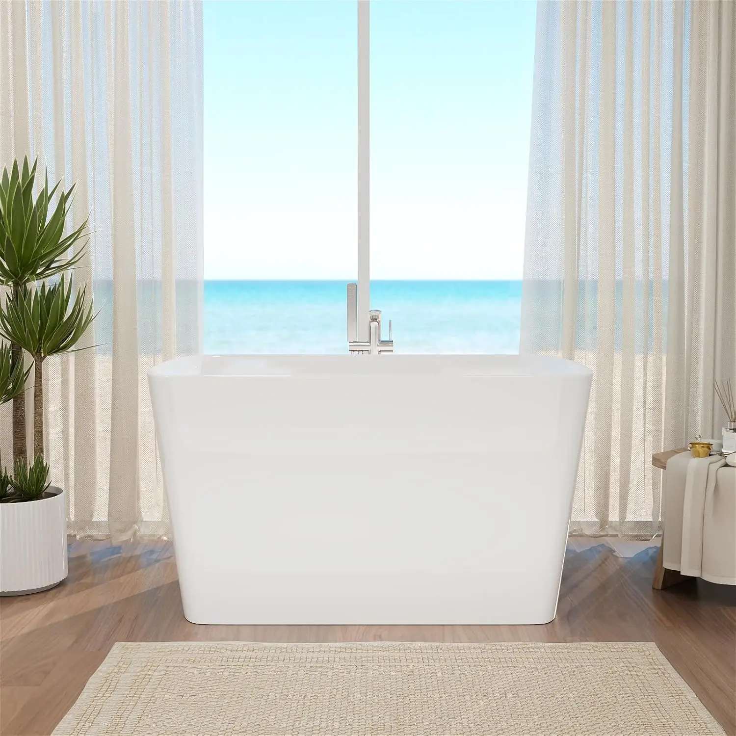 47 inch Lucite Acrylic Freestanding Bathtub Square Shape Soaking Tub with Seat Desgin Toe tap Chrome Right Drain Glossy White 2