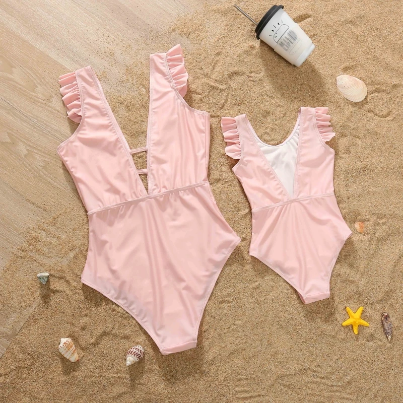 Mom and Daughter Matching Clothes 2025 Summer Women Girls One-Piece Suit Swimwear Ruffles Holiday Beachwear High Waist Swimsuit 2