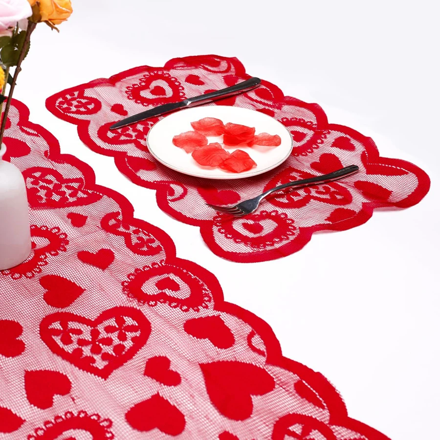 Classic Red Heart Theme Festive Valentine's Day Modified Tablecloth, Polyester Woven Table Runner Suitable for Family Dinner, Couple Dating Use.