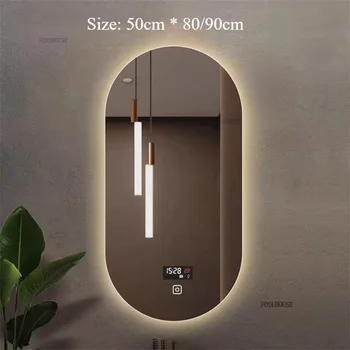 กระจกแต่งหน้าติดผนังทรงรีแบบนอร์ดิก ไฟ LED หรูหรา กระจกโต๊ะเครื่องแป้งในครัวเรือน กระจกห้องน้ำอัจฉริยะป้องกันฝ้าพร้อมไฟ 1