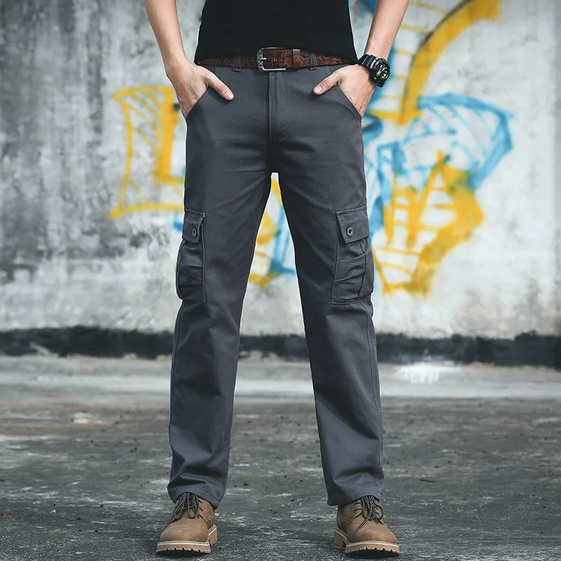 

Men's Loose Cotton Multi Pocket Pants Harajuku Style Straight Cargo Pants Vintage Loose Wide Leg Men Streetwear Trousers