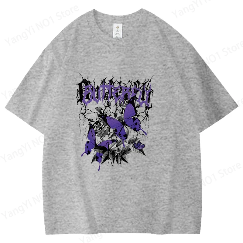 Purple Butterfly Graphic Unisex Cotton T-Shirt - Short Sleeve Summer Fashion Top in Plus Sizes