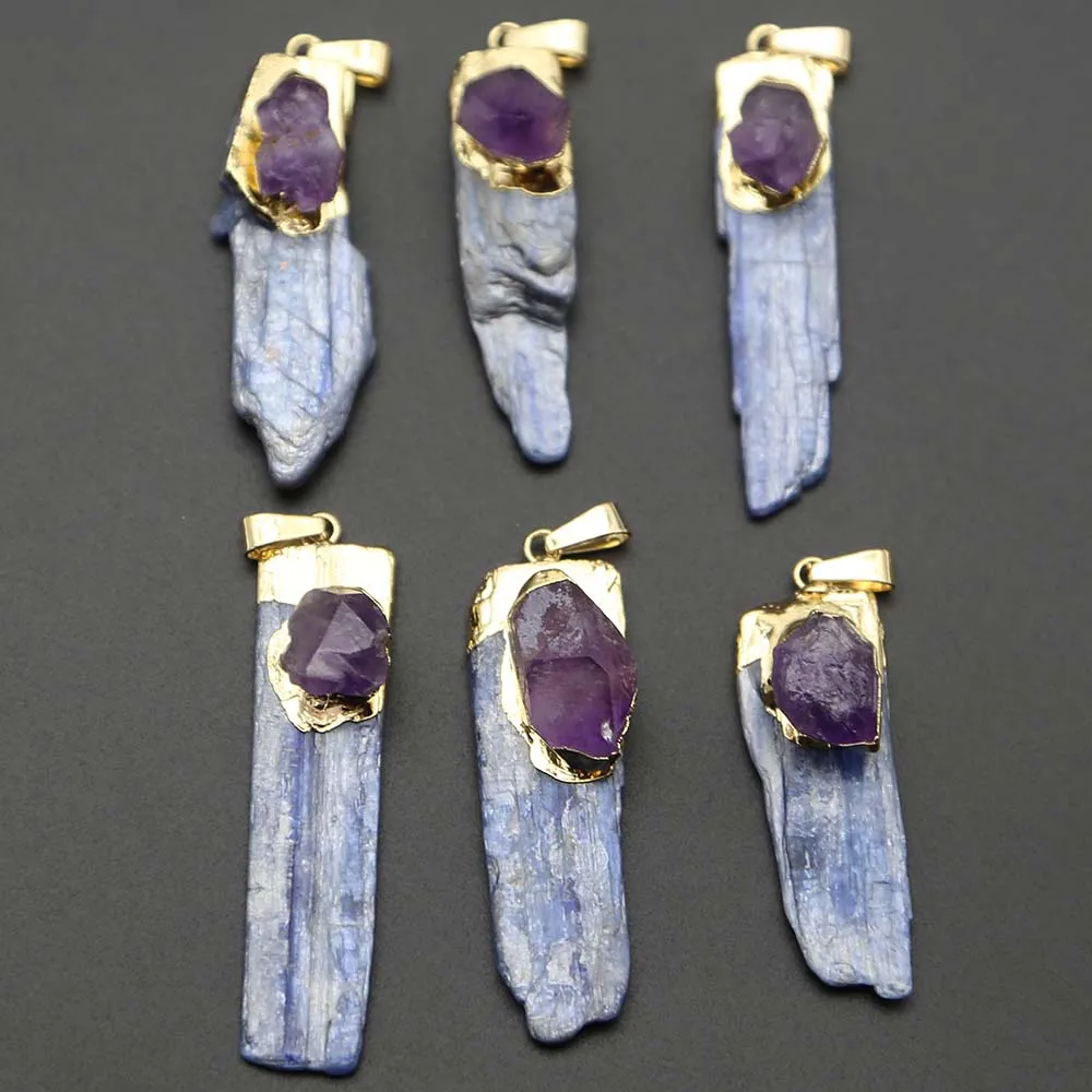 Natural Stone Blue Crystal Strip Amethyst Pendant Necklace Raw Ore Cure Fashion Charms Jewelry Making Accessories Wholesale 8Pcs