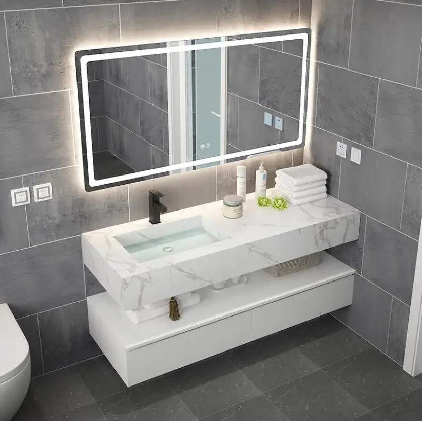 Modern Design Plywood Bathroom Vanity Cabinet With LED Smart Mirror And Basin Sink For Villas