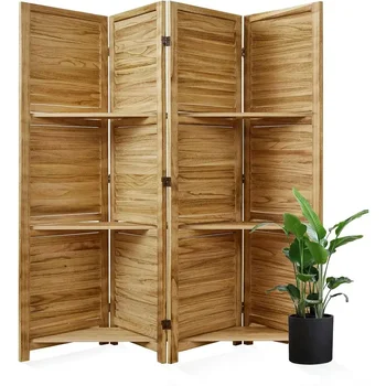 67" Folding Wood Room Divider with 3 Display Shelves & Privacy Screen 1