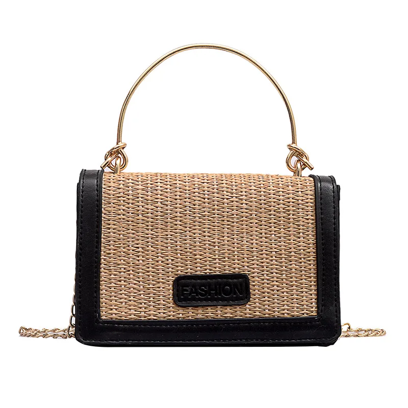 

Соломенная маленькая сумка для женщин, плетеная маленькая квадратная сумочка из иностранного материала, сумка-слинг на плечо с цепочкой для девушек