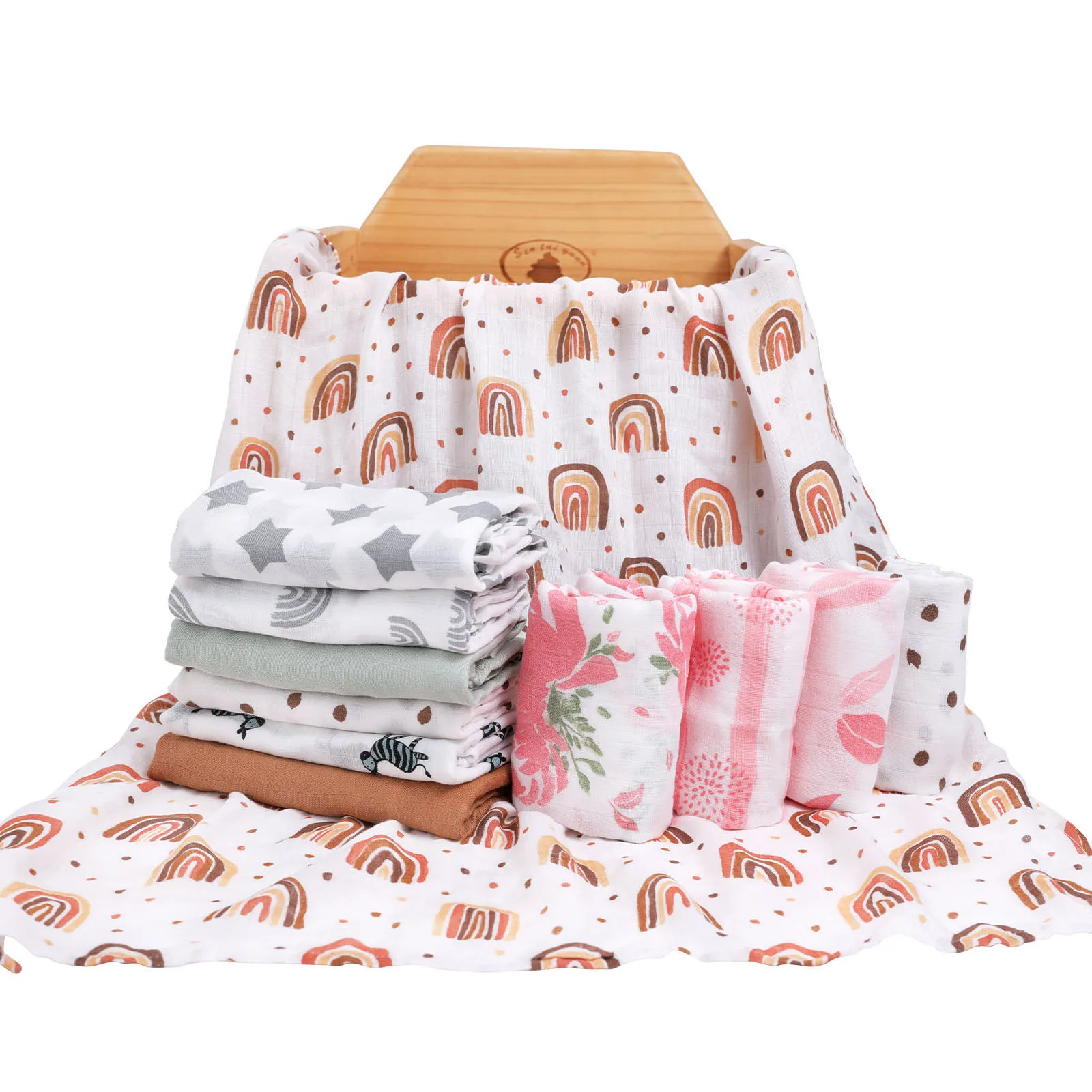 

6pcs/pack Baby Muslin Swaddle 70% Bamboo 30%Cotton Blanket Newborn Girls Boys Rainbow Soft Baby Wrap Sleepsack Set Baby Bibs