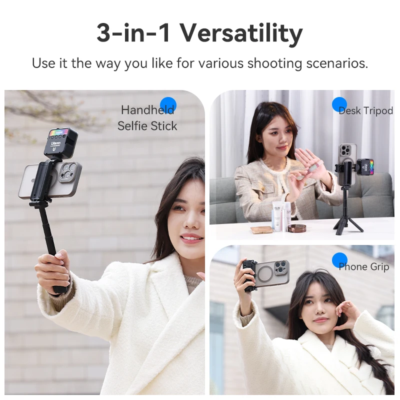 Ulanzi JJ02 Tripod with Remote 3-in-1 Versatility Selfie Stick Phone Grip Vertical Horizontal Shooting with Cold Shoe Mounts