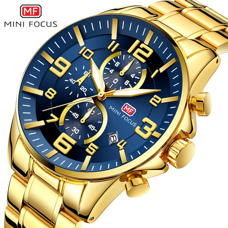 

MINI FOCUS Men's Business Quartz Watches Stainless Business Chronograph Watch Gold Blue Relogios Masculino Clock Top Brand 0278G