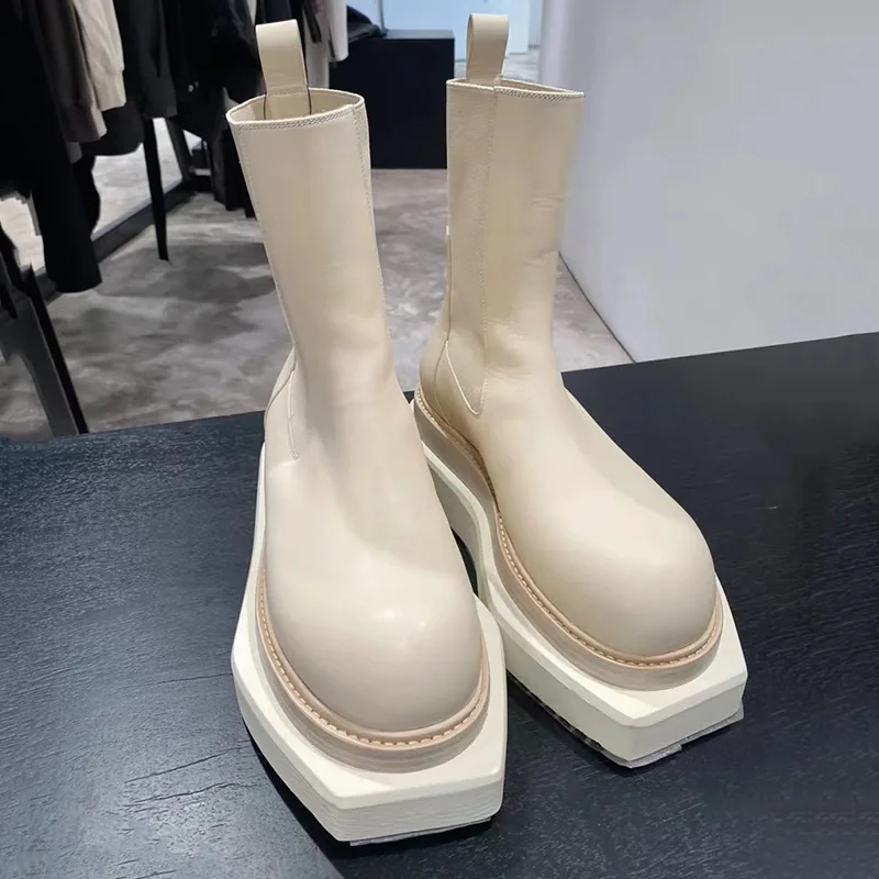 

Luxury Men Shoes Chelsea Boots Thick Sole Platform Ankle Leather Boots Street Fashion Women Biker Boots Outdoor Work Shoes 6C