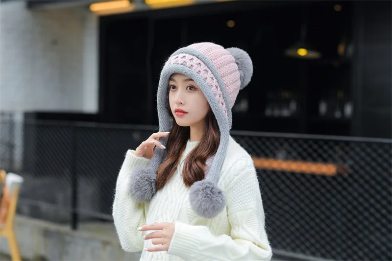 Neue Gestrickte Hut Dicke Warme Earflap Hüte Schal 2Pcs Set Fleece Gefüttert Ball Bommel Skullies Beanies Frauen Winter kaninchen Fell_voghion.com