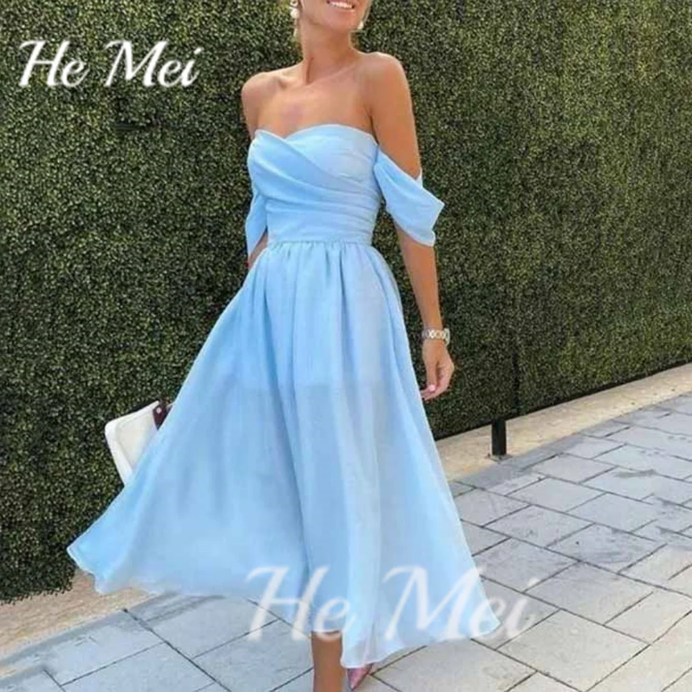 

Simple Prom Dress For Women Elegant A Line Sweetheart Neck Evening Gowns Off The Shoulder Mid Calf Length Party Dresses