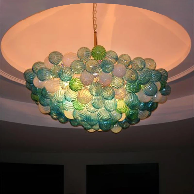 

100% Hand Blown Chihuly Style Lamp Green Shade Glass Ball Bubble Chandeliers Pendant Light for Home Dining Room Restaurant