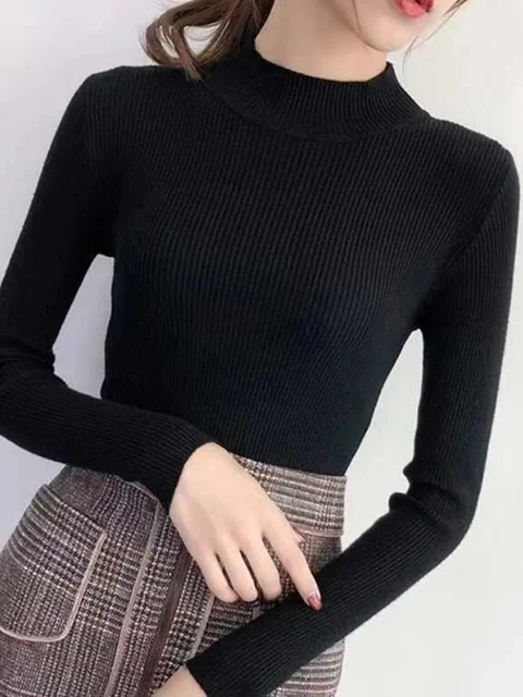 Autumn Winter Mock Neck Women Sweater Vintage Basic Solid Knitted Tops Casual Slim Pullover Korean Sweaters Simple Chic Jumpers 2