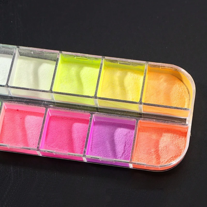 2 Box Neon-Regenbogen-Nagelpigment, das im Dunkeln leuchtet, Pulver, bunt, Phosphor, Chrom, Glitzer, Farbverlauf, Nagelkunst, Reiben, Staubdekoration – Detail 10