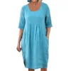 Oversized S-5XL Women Loose Cotton Linen Pocket Dress Summer Female O-neck Short Sleeve and Beachwear Party Vestidos JYFS-8410