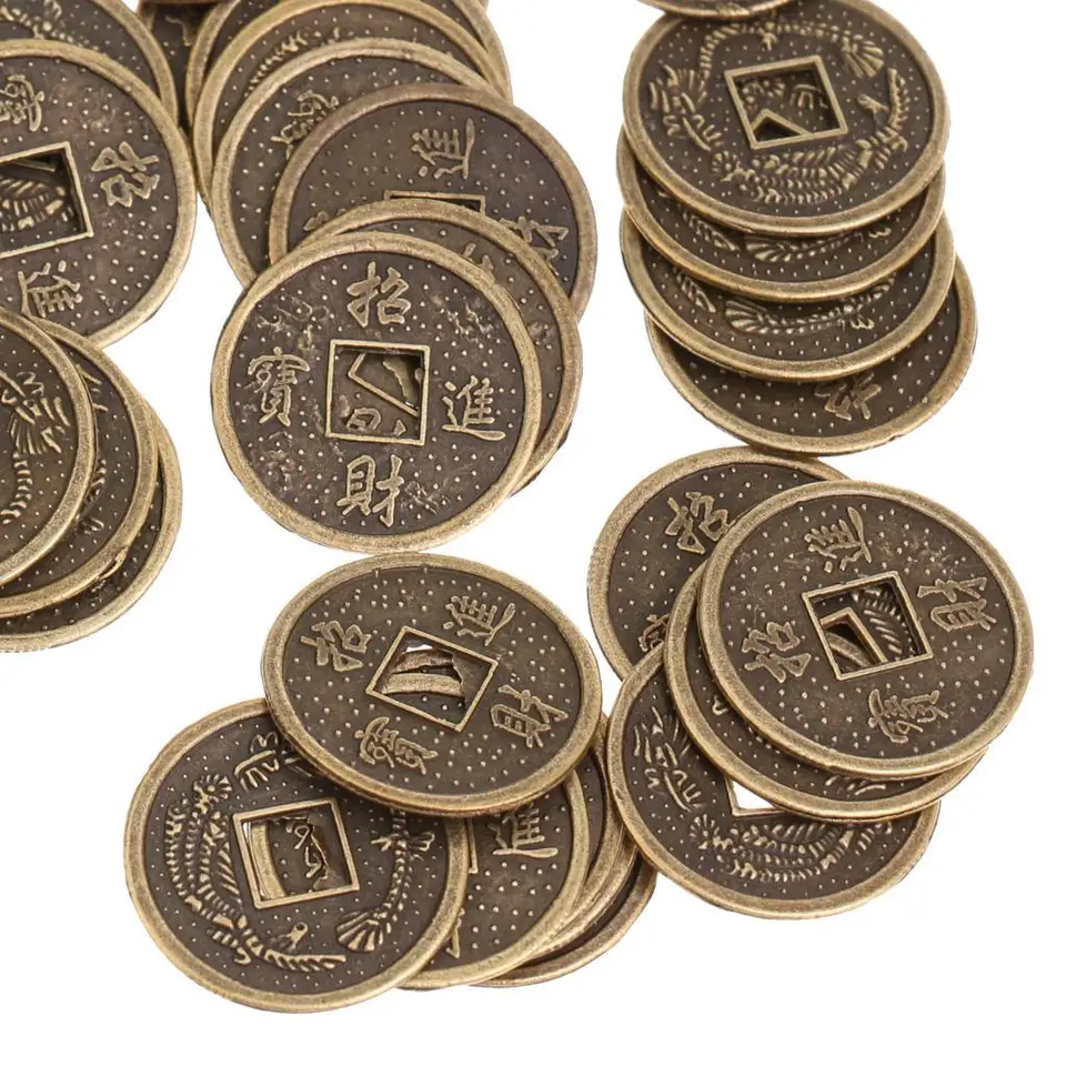 Lotto Di 50 Monete Portafortuna Feng Shui I Ching - Diametro 2,4 Cm - Monete Cinesi In Metallo Con Borsa Regalo - Per Ricchezza E Protezione - 2