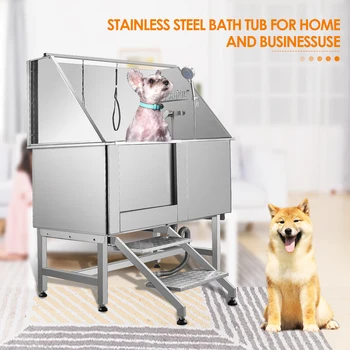 50 Inches Professional Stainless Steel Pet Dog Grooming Bath Tub Station Wash Shower Sink with Faucet Walk in Ramp Accessories 1