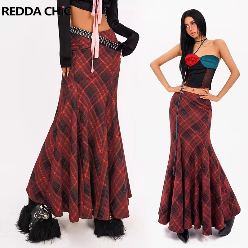 

ReddaChic Flowy Ruffle Mermaid Maxi Long Skirt Women Retro Red Plaid Fishtail Casual High Waist Bodycon Skirt Korean Streetwear